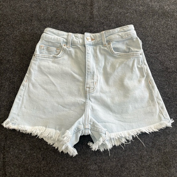 Denim Jean Shorts Light‎ Blue Wash High Rise Stretch Frayed Hems Women’s Size 0 - Picture 1 of 10